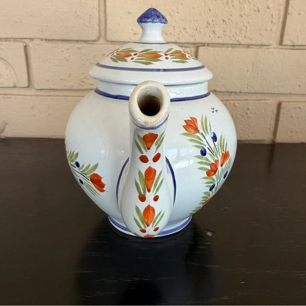 HENRIOT QUIMPER Teapot Royal French Faience Lidded Painted Lady